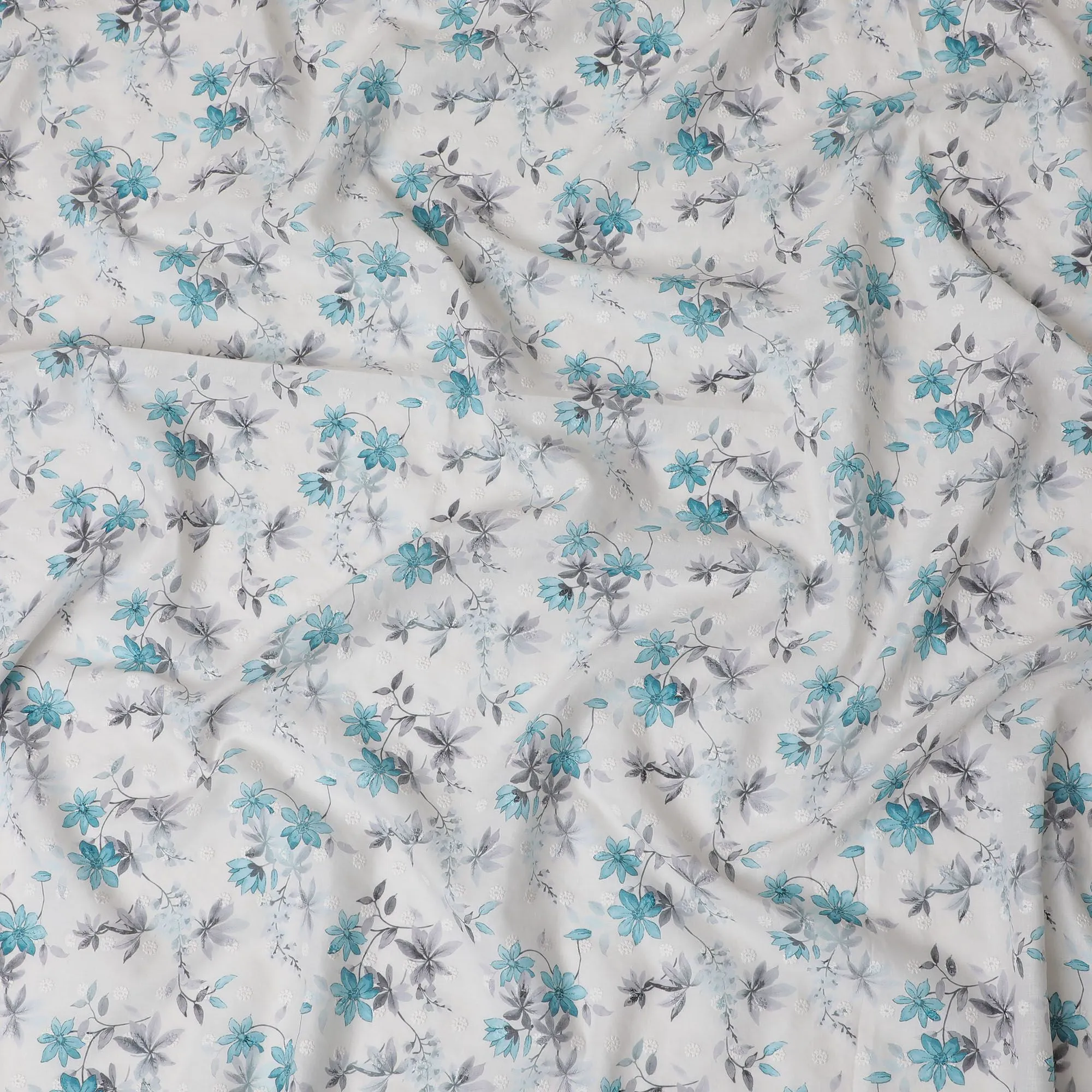 Cool Breeze Blue Floral Embroidered Cotton Lawn Fabric, 110cm Wide - Sold by the Meter from India-D18865