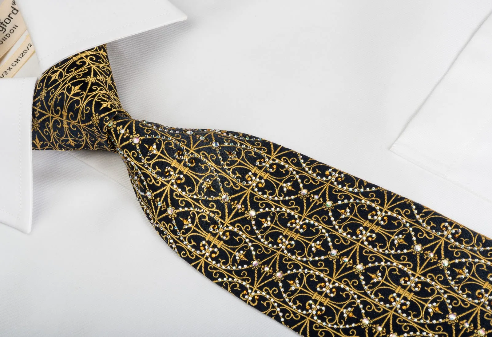 Daniel Hechter Silk Tie Golden Filigree On Navy With Rhinestones