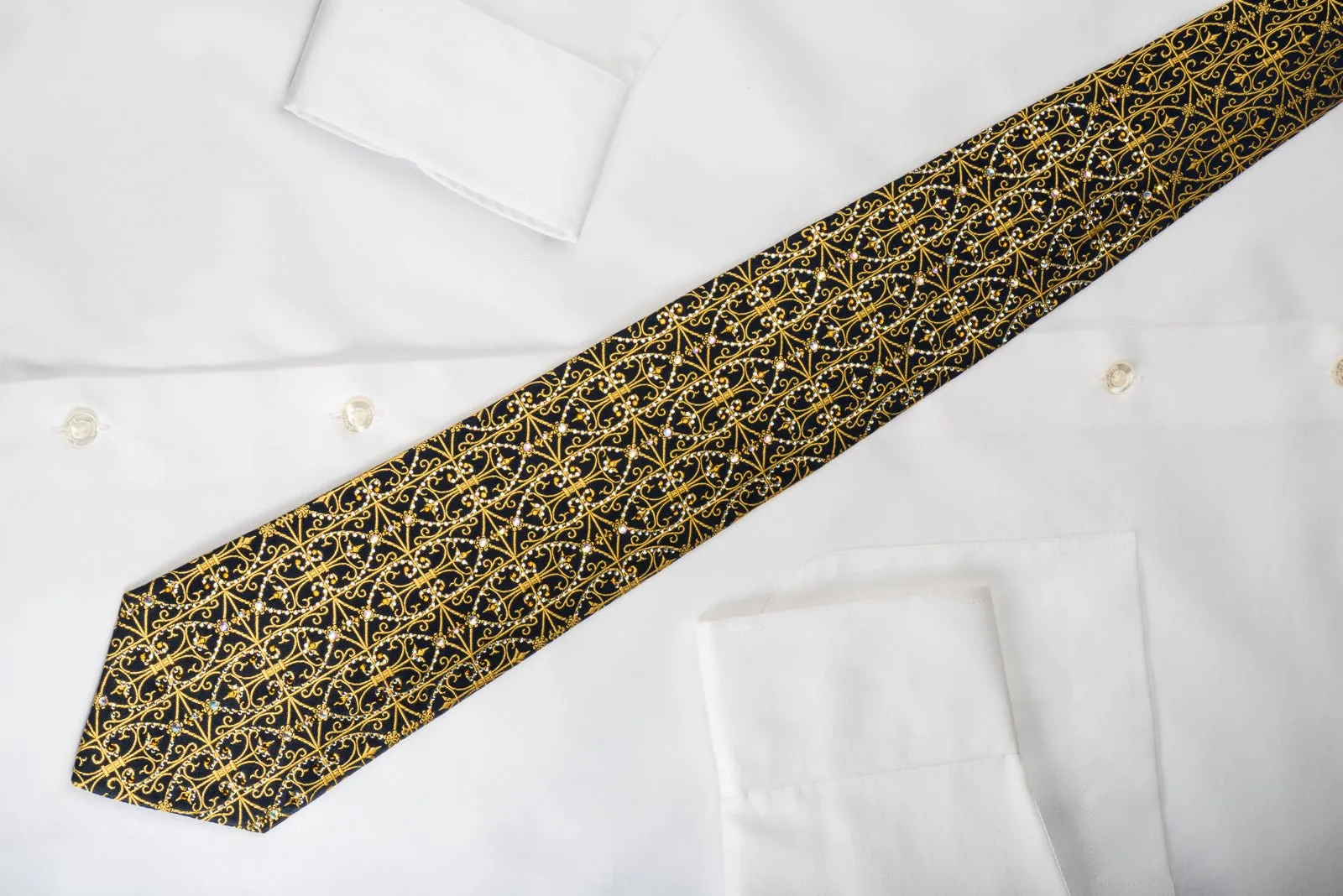 Daniel Hechter Silk Tie Golden Filigree On Navy With Rhinestones