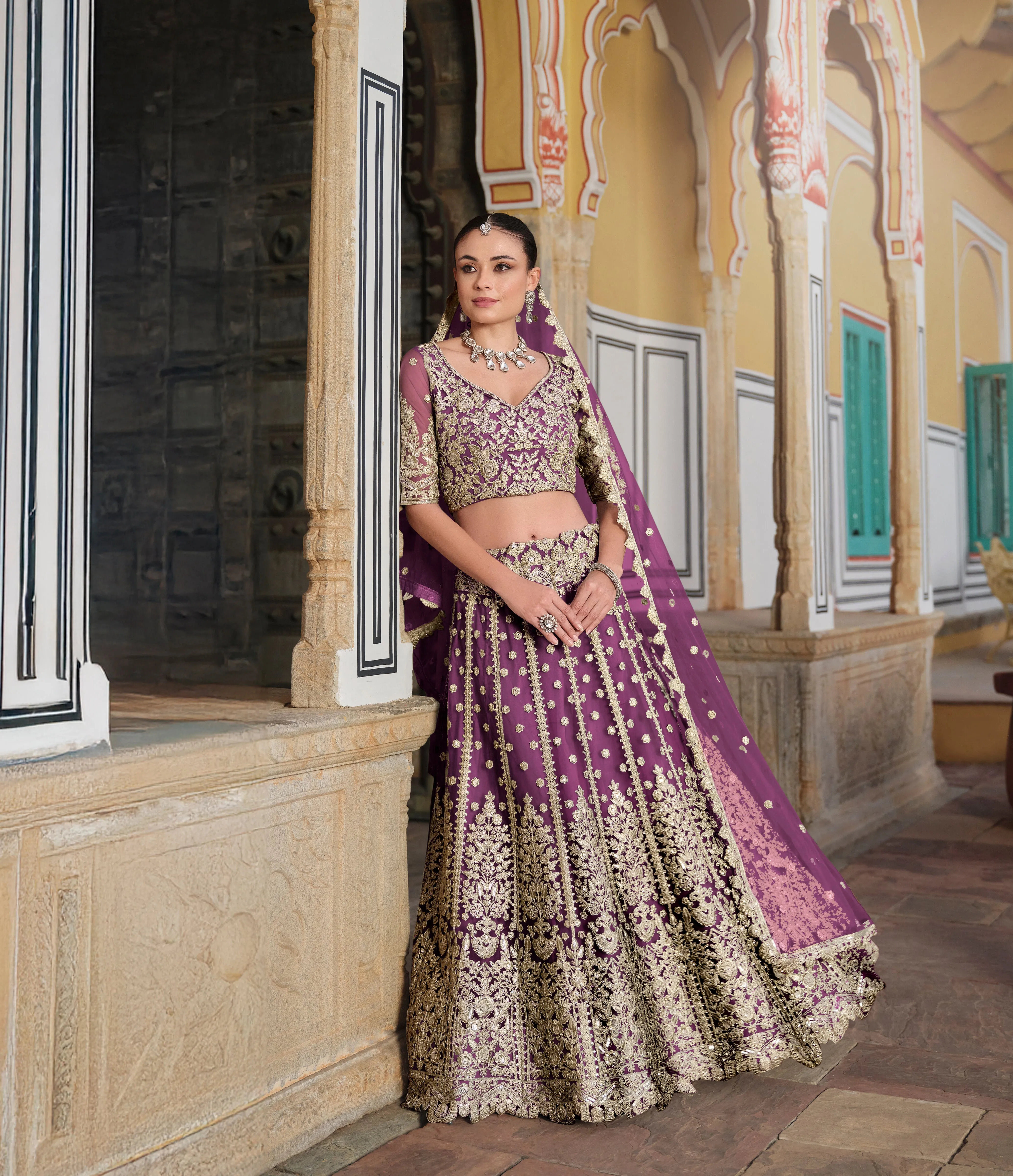 Dusty Lavender Embroidered Net Bridal Lehenga Choli