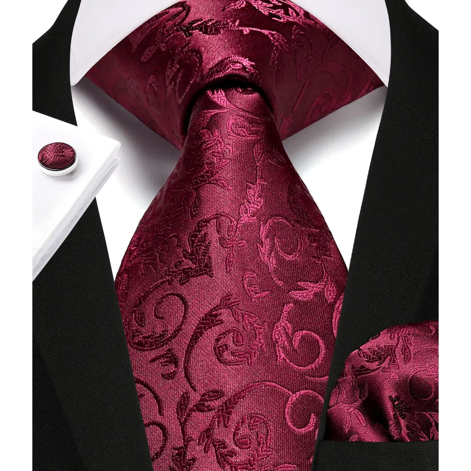 Floral Tie Handkerchief Cufflinks - H3-BURGUNDY