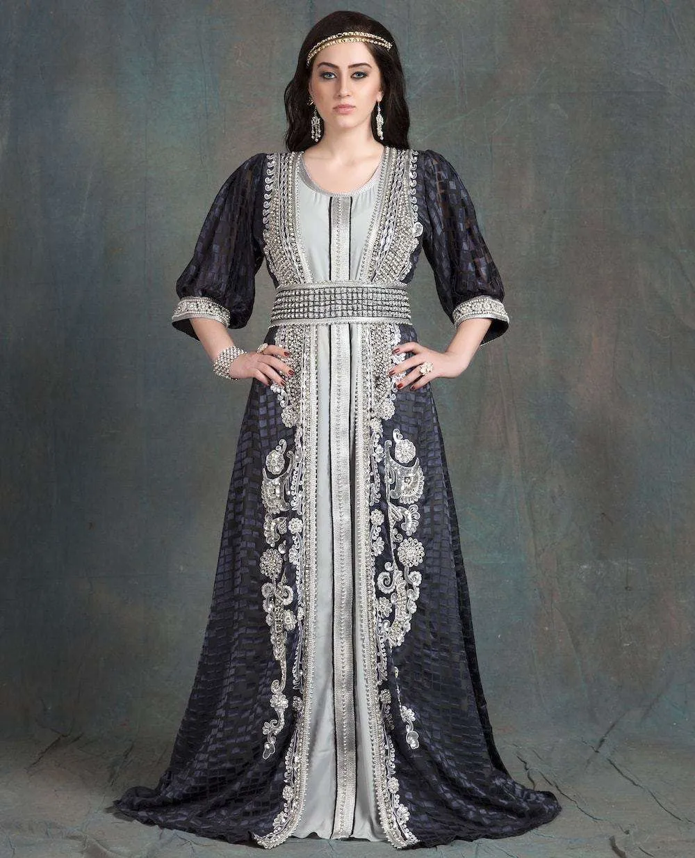 Grey Wedding Gown Designer Hand Beaded Moroccan Kaftan MYPF1220