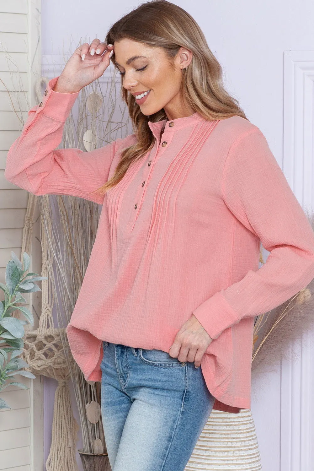 Pink Pleated Half Buttons Casual Textured Blouse