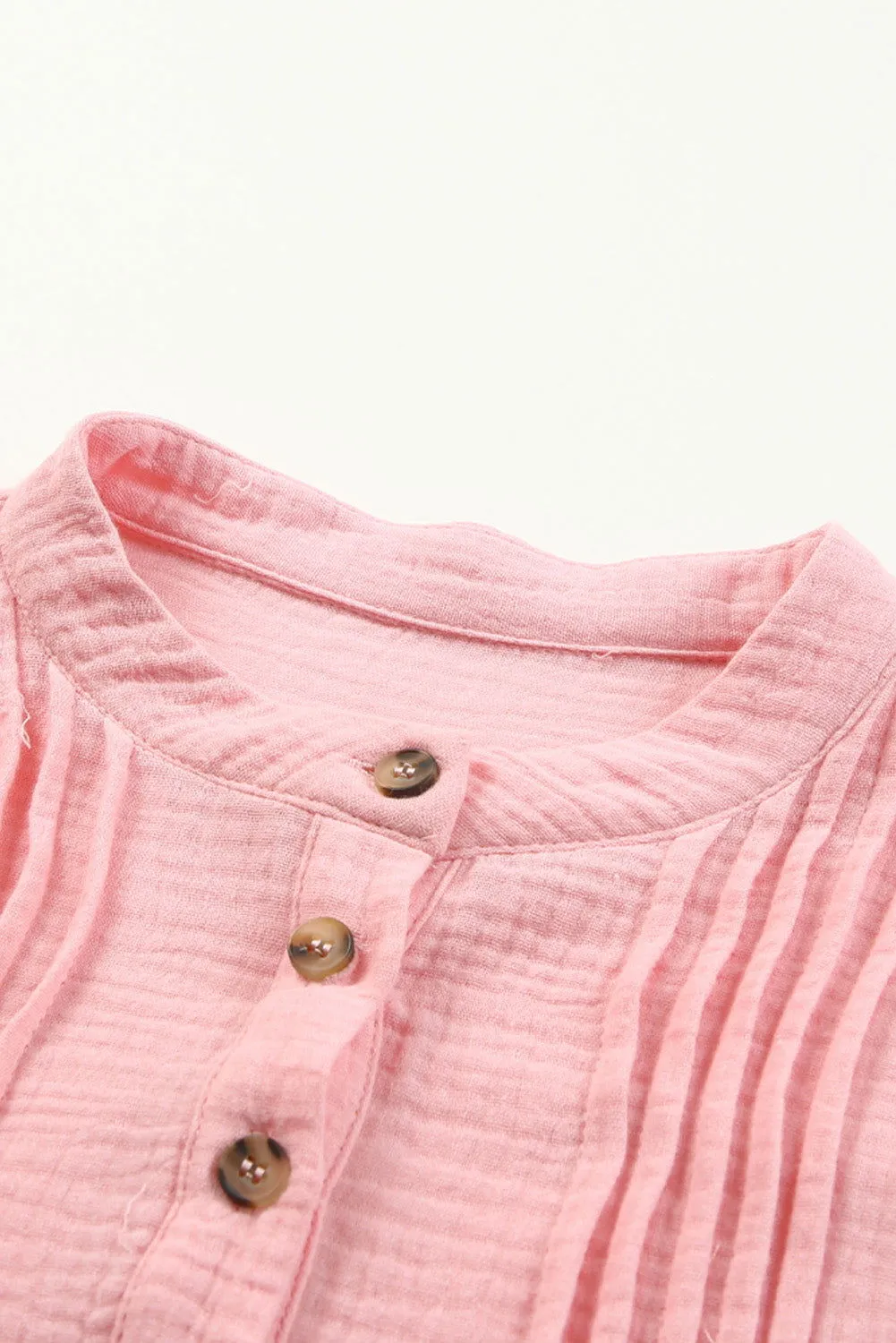 Pink Pleated Half Buttons Casual Textured Blouse