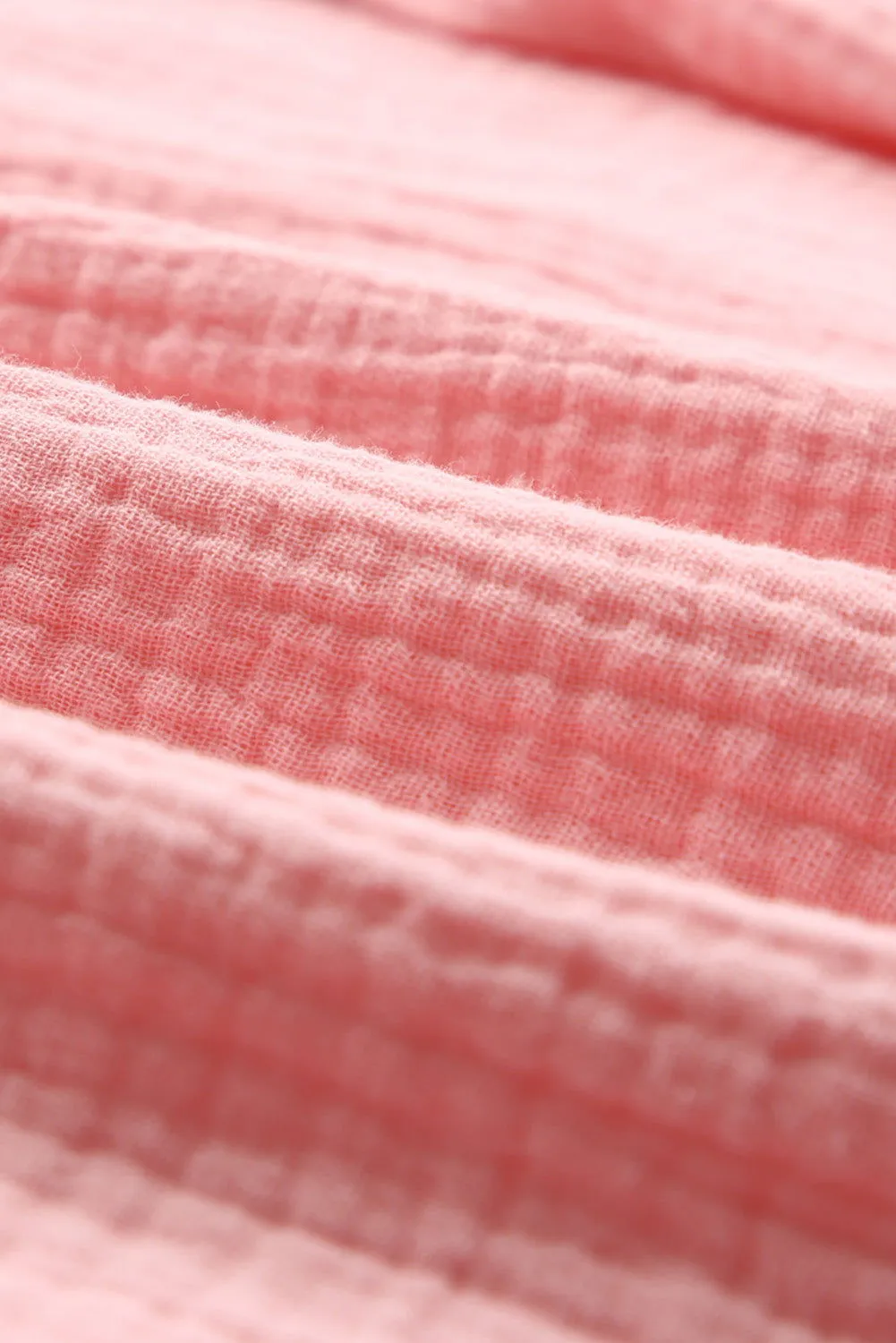 Pink Pleated Half Buttons Casual Textured Blouse