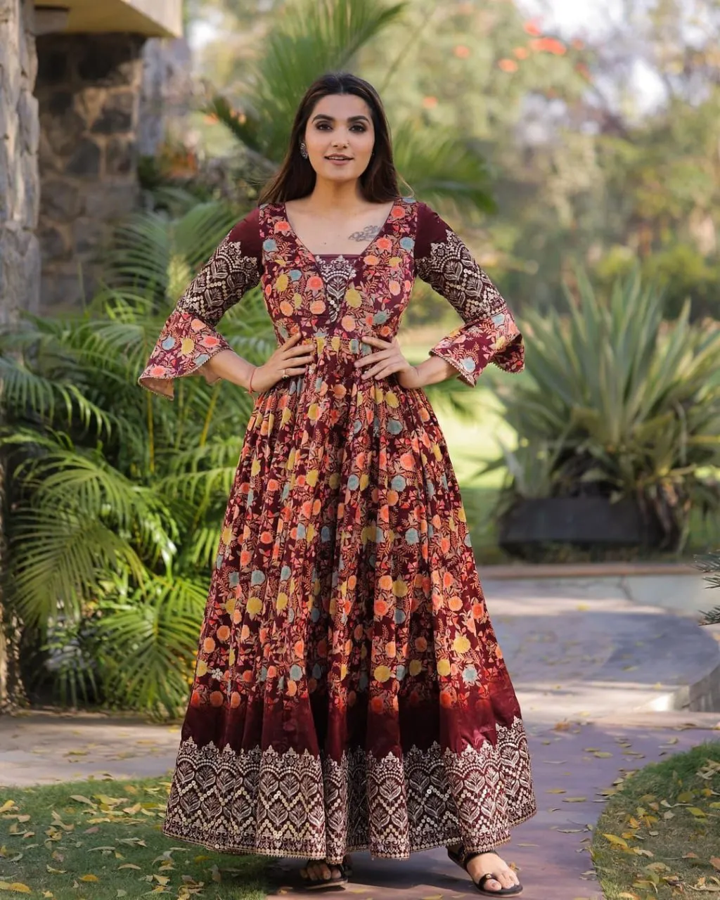 Prachi Solanki Maroon Colour Flower Design Gown For Wedding