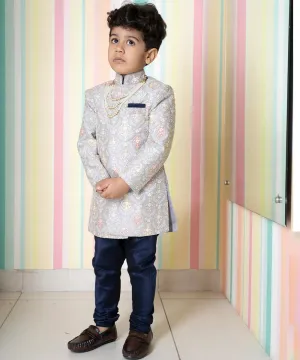 Steel Color Self Embroidered Sherwani for Wedding Function.